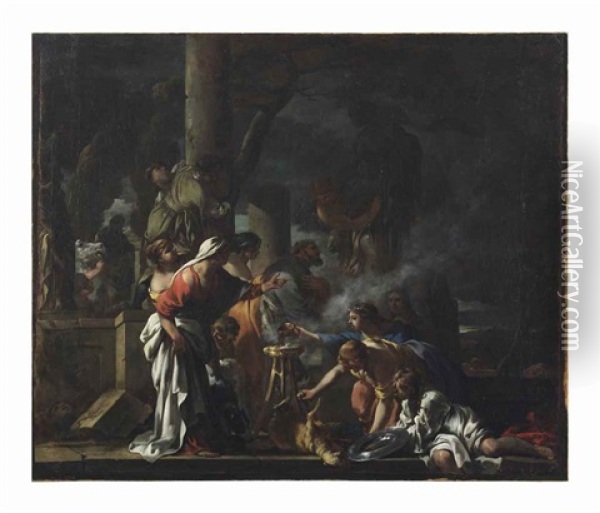 Le Roi Salomon Sacrifiant Aux Idoles Oil Painting - Sebastien Bourdon