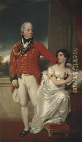 Portrait Of General Albemarle Bertie, 9th Earl Of Lindsey (1744-1818) And His Second Wife, Charlotte Susanna Elizabeth (1780-1858), Daughter Of The Rev. Charles Peter Layard, Dean Of Bristol, Full-length, He In Military Uniform, She In A White Dress Oil Painting - Thomas Lawrence