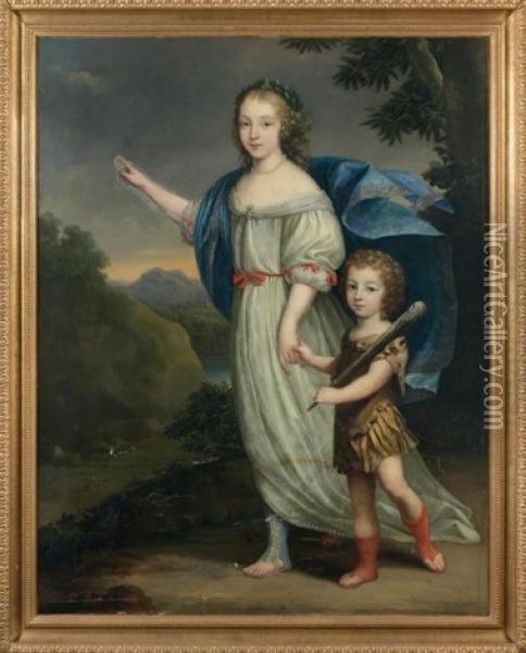 Portrait De Jeune Femme Avec Son Fils En Hercule Oil Painting - Jean Nocret