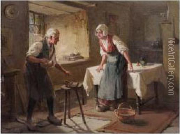 The New Clogs; Mending The Spinning Wheel Oil Painting - Alexander Rosell