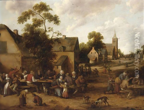 A Village Scene With Peasants Drinking And Smoking Around Tables Oil Painting - Joost Cornelisz. Droochsloot