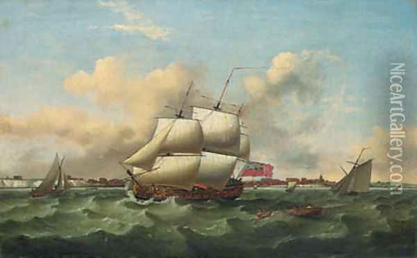 A Man-o'-War and other shipping, in a heavy swell off the South Coast Oil Painting - Thomas Luny