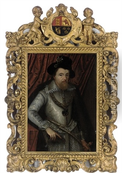 Portrait Of King James Vi Of Scotland, James I Of England In A White Doublet And Lace Collar Oil Painting - John Decritz the Elder