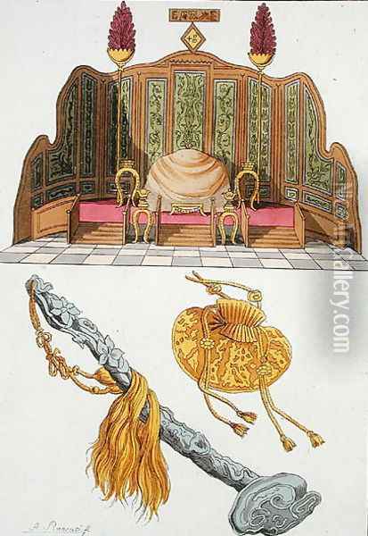 Throne of a Chinese Emperor, Yo-yo sceptre and cap, illustration from Le Costume Ancien et Moderne by Giulio Ferrario, published c.1820s-30s Oil Painting - Antonio Rancati