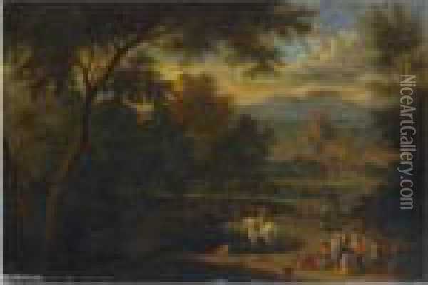 An Italianate Landscape With A Horseman And Travellers Conversing On A Path Oil Painting - Peeter Bout