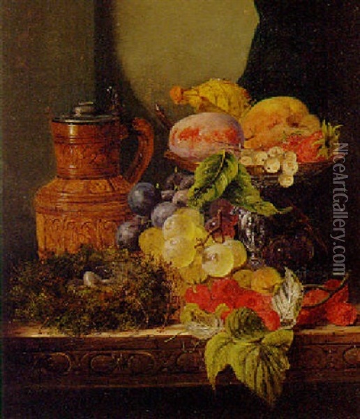 Grapes, Raspberries And Other Fruits On A Tazza, With A Bird's Nest And A Stoneware Jug Oil Painting - Edward Ladell