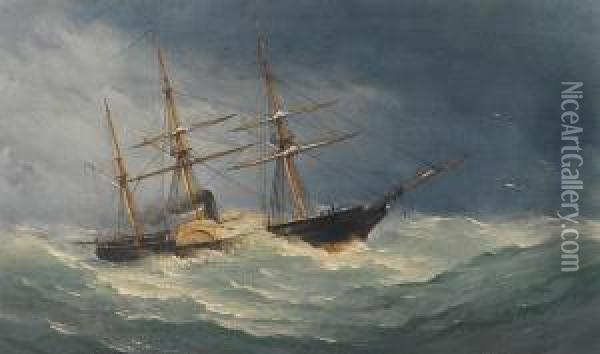 A Paddle Steamer In A Gale, C.1850. Oil Painting - Charles, Taylor Snr.