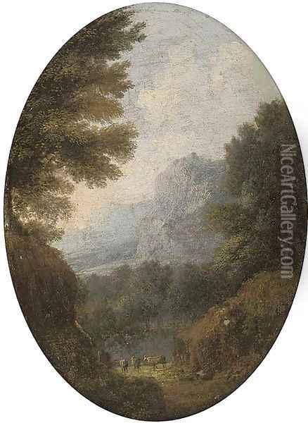 A mountainous landscape with cattle; and A river valley landscape with a bridge Oil Painting - Giuseppe Zais