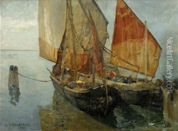 Fischerboote Am Ufer Oil Painting - Gustav Schoenleber