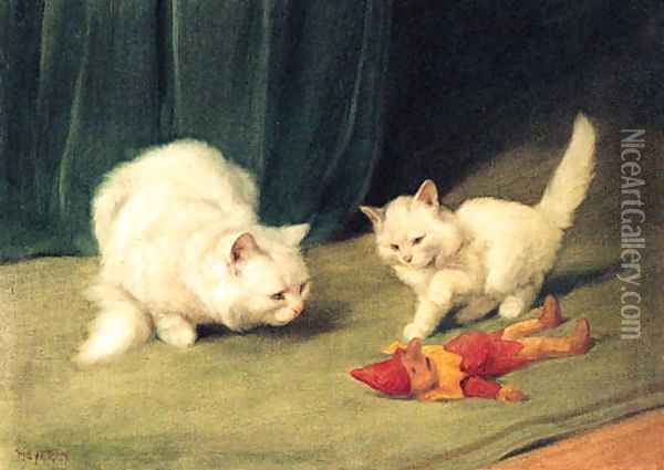Two white Persians with a wooden Toy Oil Painting - Arthur Heyer