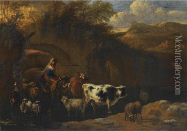 A Shepherdess With Her Herd Fording A Stream In An Italianate Landscape Oil Painting - Michiel Carre