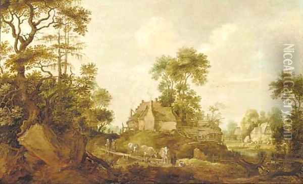 A wooded landscape with a drover and cattle on a track Oil Painting - Gillis Claesz. De Hondecoeter