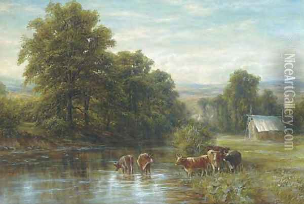 Cattle watering, summer Oil Painting - Edmund George Warren