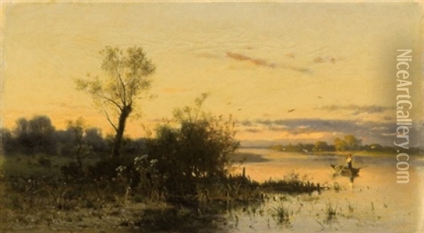 Landscape With A Boat Oil Painting - Walery Brochocki