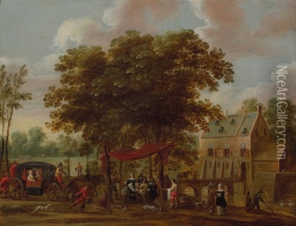 Scene De Banquet Sous De Grands Arbres Oil Painting - Pieter Meulener