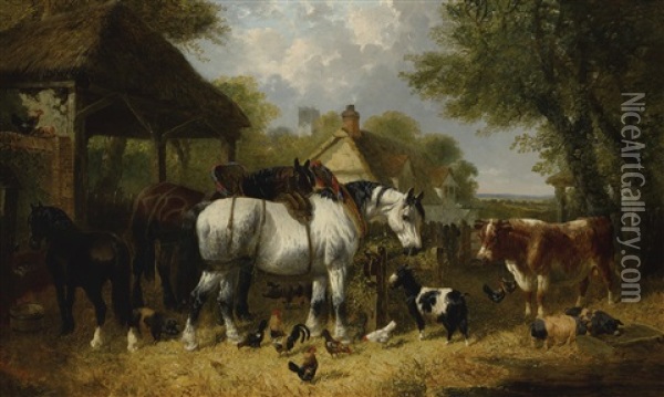 Shire Horses, Pigs And Other Livestock By A Stable With A Cottage And Church Beyond Oil Painting - John Frederick Herring the Younger
