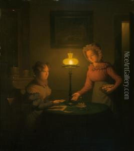 Lady And Servant Girl By The Light Of An Oil Lamp Oil Painting - Adriaan Meulemans