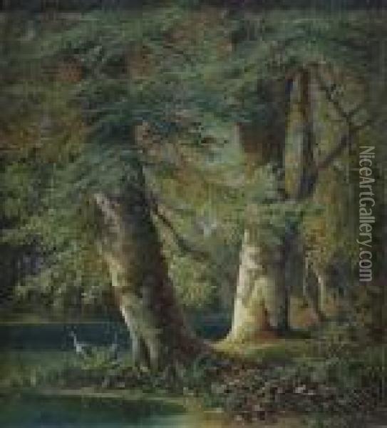 Wooded River Landscape With Herons Oil Painting - Johann Bernard Klombeck