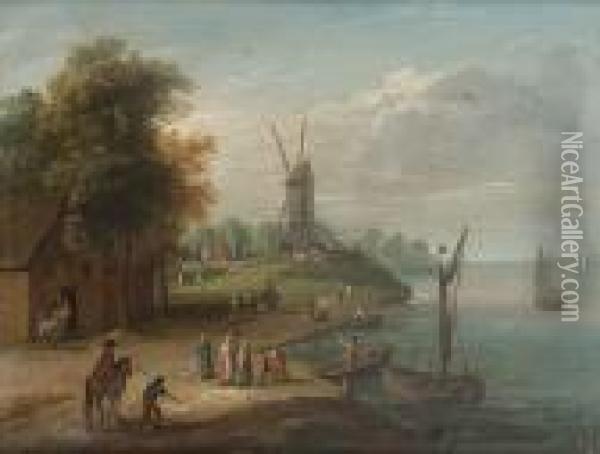 Fishermen Inspecting Their Catch
 On The Shore; And A River Landscape With Figures On A Path, A Windmill 
Beyond Oil Painting - Theobald Michau