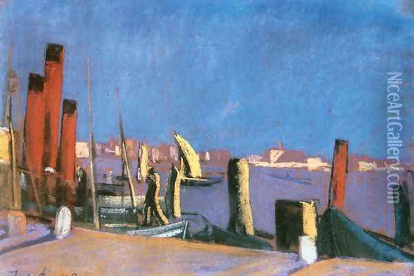 Harbour in Venice 1930 Oil Painting - David Jandi