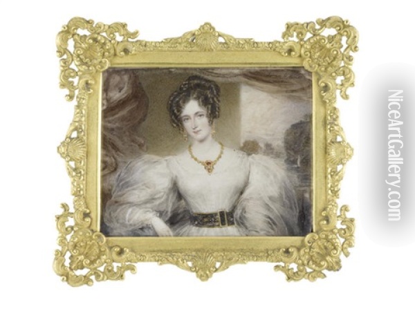 A Lady, Wearing White Dress With Black Jeweled Waist-belt, Gold Necklace And Pendent Earrings Set With Rubies, Her Brown Hair Elaborately Curled And Upswept Oil Painting - James Holmes