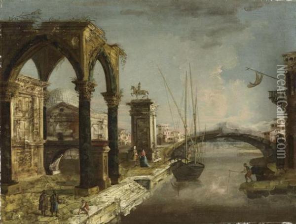 Pair Of Works:cappriccio With 
Triumphal Arch/ Capriccio With Gothic Portico Andarchitectural Elements. Oil Painting - Michele Marieschi