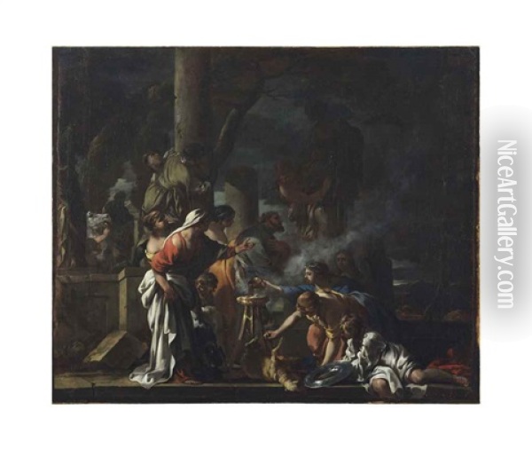 King Solomon Sacrificing To The Idols Oil Painting - Sebastien Bourdon