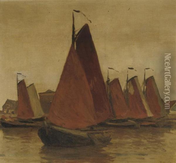 Moored Botters In A Harbour Oil Painting - Willem Bastiaan Tholen