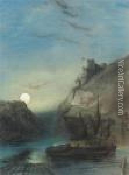 Moon Rising Over The Rhine Oil Painting - Henry Bright