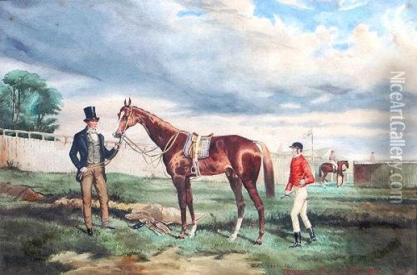 Study Of Teddington With His Trainer And Jockey Oil Painting - Alfred F. De Prades