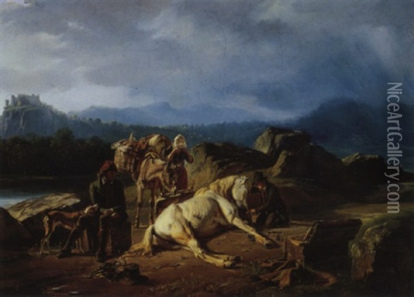 Le Colporteur Et Son Cheval Oil Painting - Jean-Antoine Duclaux