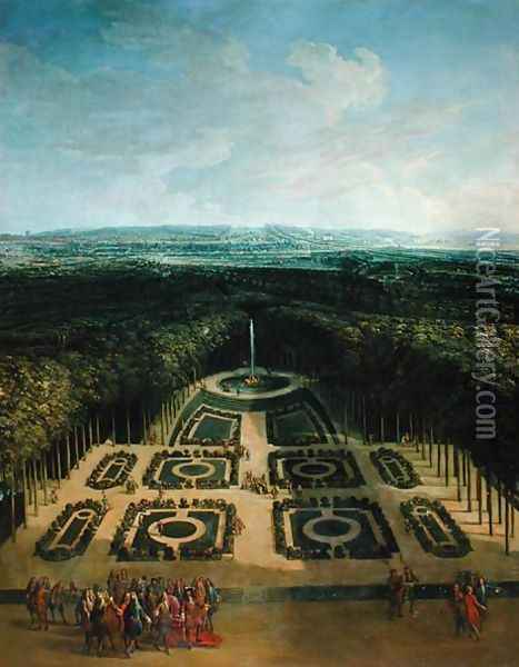 Promenade of Louis XIV (1638-1715) in the Gardens of the Grand Trianon, 1713 Oil Painting - Chassoneris