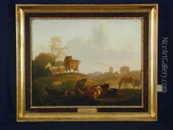 Szene Mit Kuhen U. Pferden Oil Painting - Christian David Gebauer