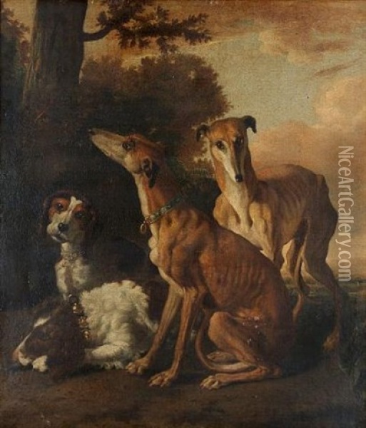 Two Greyhounds With A Setter And A Hound In A Landscape Oil Painting - Abraham Danielsz Hondius