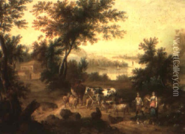 Wooded Landscape With Herders Driving Their Cows And Sheep Oil Painting - Adriaen Van Diest
