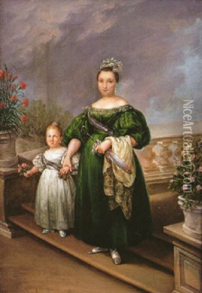 La Reina Gobernadora M. Cristina De Borbon Y Su Hija La Infanta Isabel Oil Painting - Vicente Lopez y Portana