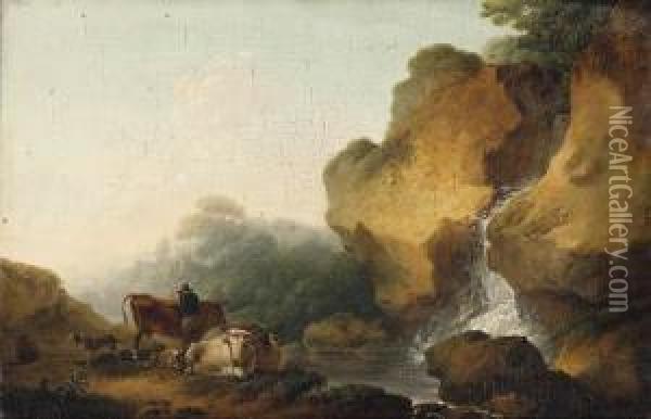 A Rocky Landscape With Herdsmen Resting Before A Waterfall Oil Painting - Philip Jacques de Loutherbourg