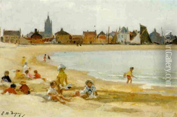 Children On A Beach, Petit Fort Philippe-pres Gravelines Oil Painting - Paul Michel Dupuy