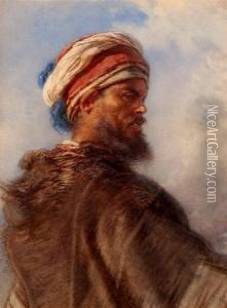 Head And Shoulders Portrait Of An Ottoman Soldier Oil Painting - Guido Bach