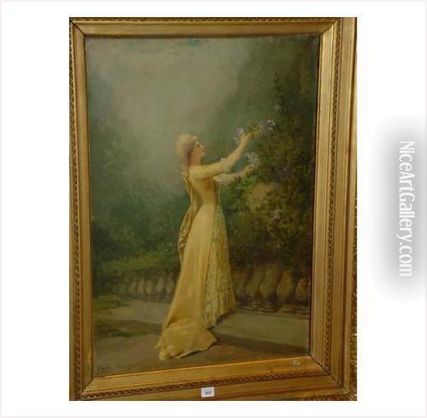 Jeune Femme Cueillant Des Fleurs Oil Painting - Theodore Levigne