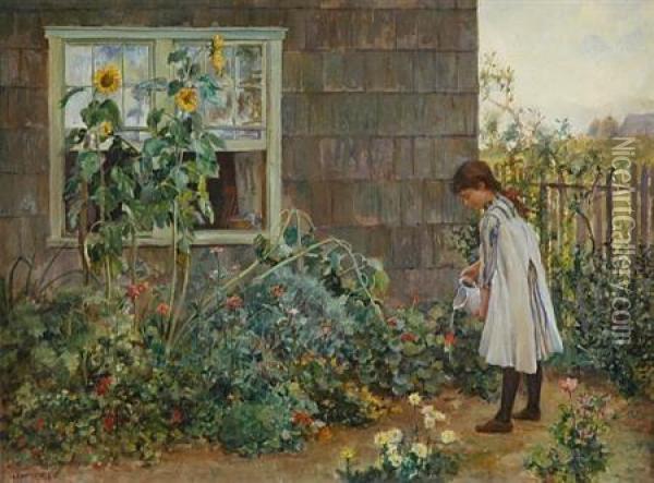 Watering The Garden Oil Painting - Will Hicock Low