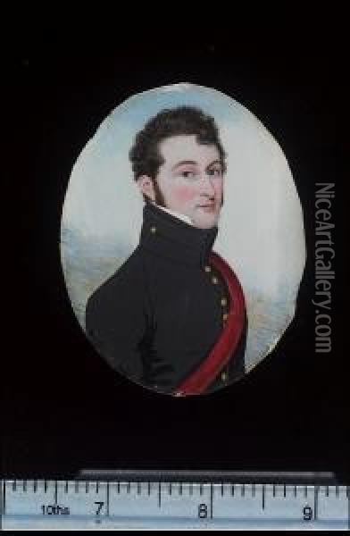 An Infantry Officer, Wearing 
Undress Dark Blue Frock-coat, His Gilt-buttons In Pairs, A Crimson Sash 
Across His Chest Oil Painting - Frederick Buck
