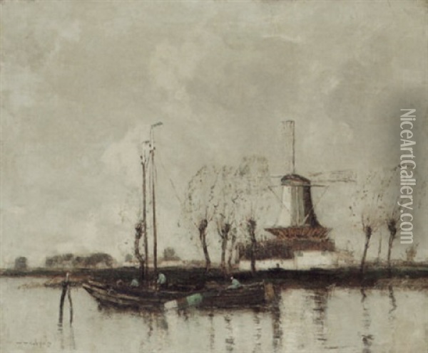 River Landscape With A Windmill Oil Painting - William Alfred Gibson