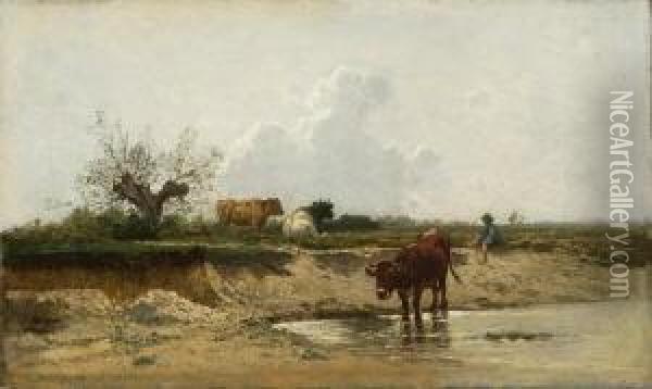 Kleiner Hutejunge Mit Kuhen Am
 Fluss. Oil Painting - Joseph Wenglein