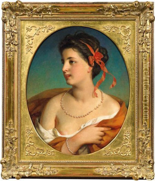 Madchen Mit Rotem Haarband Und Perlenkette Oil Painting - Friedrich Ritter von Amerling