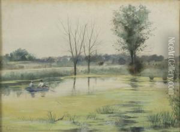 River Scene With Two Men In A Rowboat. Oil Painting - George A. Traver
