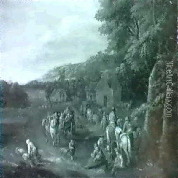 Travellers And Peasants On A Country Road. Oil Painting - Pieter Bout
