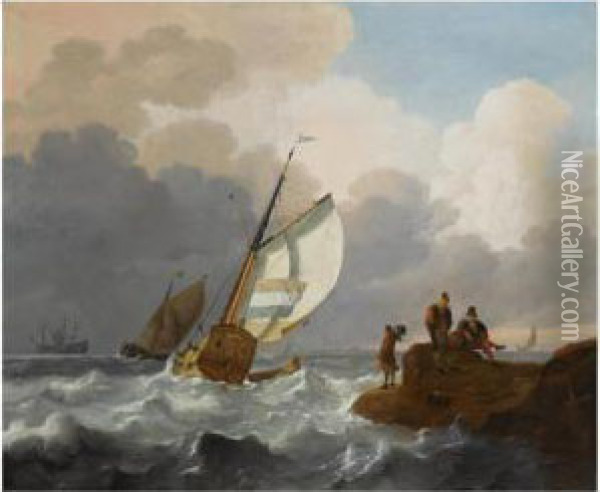 Dutch Sailing Vessels In Choppy Waters, Fisher Folk On The Rocks Inthe Foreground, A View Of A Town Beyond Oil Painting - Wigerius Vitringa