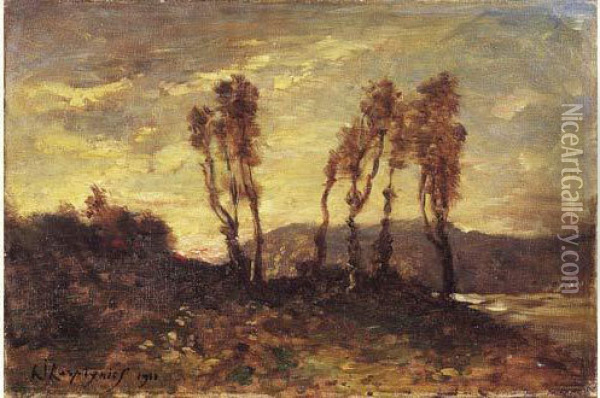 Paysage Au Soleil Couchant, 1911. Oil Painting - Henri-Joseph Harpignies