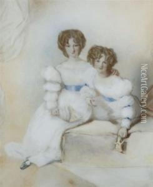 A Double Portrait Of Two Sisters, Both In White Gowns Oil Painting - Alfred-Edward Chalon